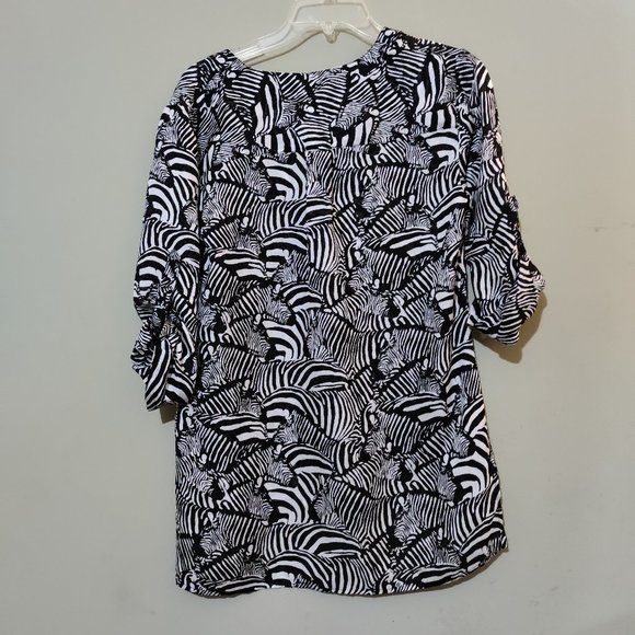 Trina Turk Black White Zebra Sheer Silk 3/4 Sleeve Tunic Top Size Small - Picture 2 of 6